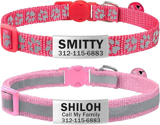 TagME 2 Pack Cat Collar with Name Tag, Personalized Reflective Cat Collar Breakaway with Bell for Boy & Girl Cats, Pink