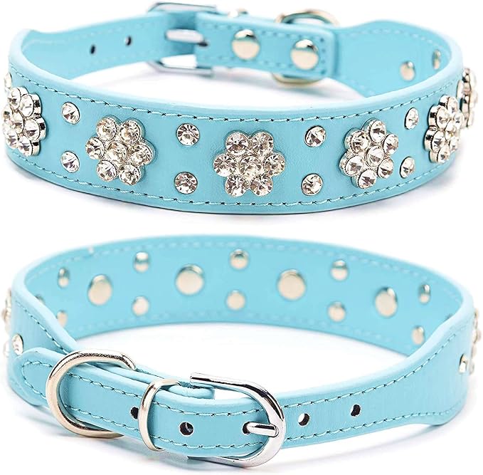 Rhinestone Dog Collar, Cute Flower Rhinestone Bling Collar PU Leather Adjustable Sizes Small Medium Large (M, Light Blue)