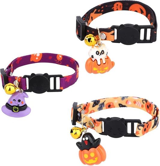 3pcs Halloween Cat Collars with Bells, Polyester Adjustable Breakaway Festive Kitten Puppy Fall Collars Playful Holiday Accessories for Small Dog Kitty Pets (Witch Hat, Pumpkin Cat, Ghost Pattern)