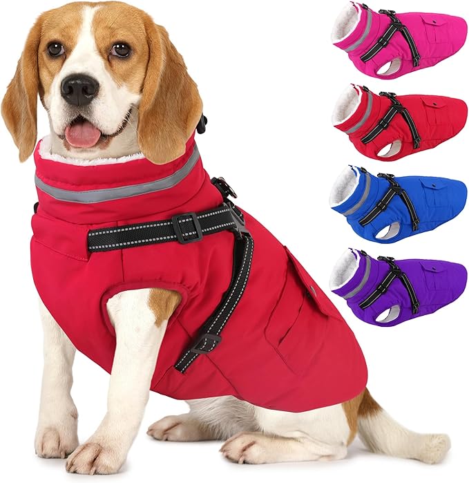 Dogcheer Dog Coat with Harness, Waterproof Dog Jacket Christmas Puppy Winter Coat with Pockets, Reflective Doggy Winter Jacket Soft Pet Fleece Snow Jacket for Small Medium Large Dogs - Red, XL