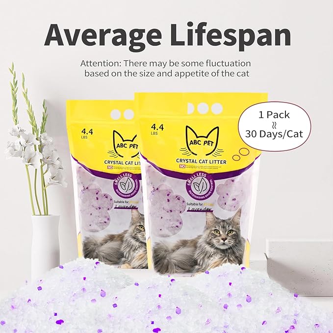 Cat Litter Crystals No Clumping Odor Control Kitty Litter Non-Clumping No scooping Low Dust, Low Tracking, Dehydrates Waste Lavender - 17.2 lbs (4 x 4.3 lb Packs)