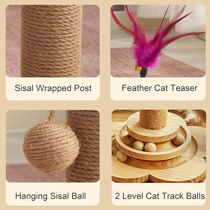 Cat Scratching Post 20'' Tall Cat Scratching Post for Indoor Cats Adults with Hanging Ball and Interactive Wooden Ball Sisal Rope Cats Scratch Post