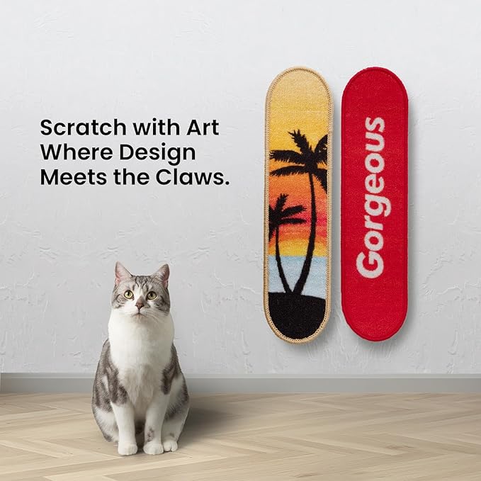 Wall Mounted Cat Scratching Board Skateboard Style (24"x6") - Reusable Wooden Board + Replaceable Cat Scratcher Map with Mounted Setup