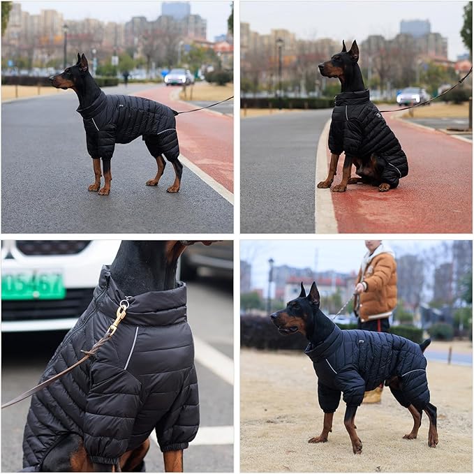 lovelonglong Dog Coat Dog Warm Jacket, 4 Legs Covered Waterproof Windproof Reflective Warm Dog Vest, Zippered Adjustable Outdoor Dog Snow Jacket for Small Medium Large Dogs Black XXL