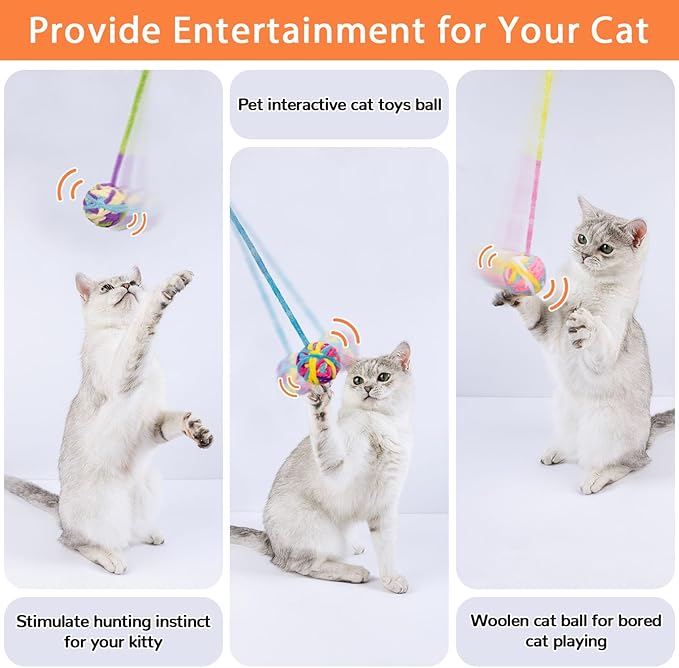 Retro Shaw Cat Toys Balls, 6Pcs Yarn Cat Ball with Bell Inside, Interactive Kitten Toys for Indoor Cats Kitty Chew Playing, Colorful Soft Fuzzy Jingle Kitten Ball with String