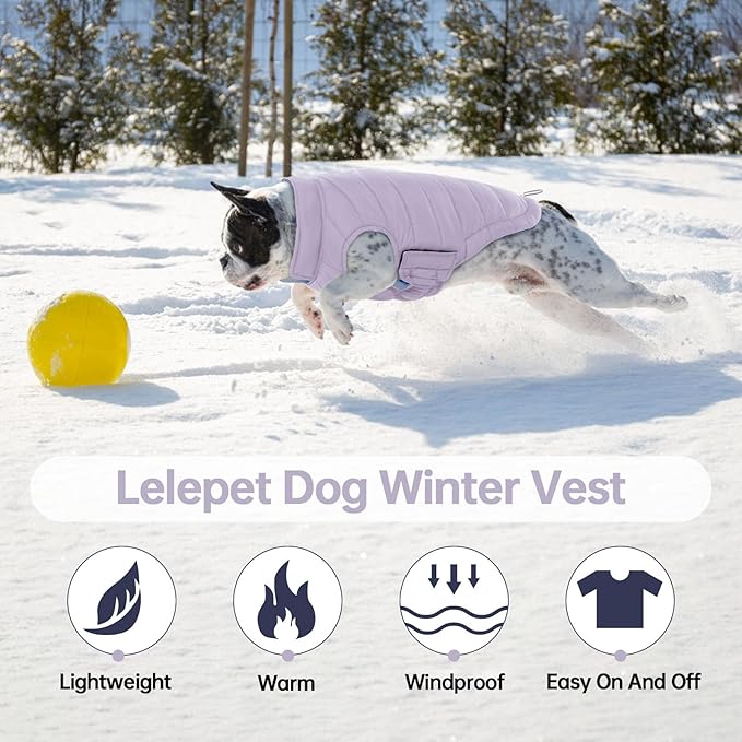 Lelepet Reversible Dog Coat Lightweight Warm Dog Jacket Padded Vest Windproof Cold Weather Coat Sonwsuit with Hook & Loop Leash Hole Coats for Large Dogs, Non-Shedding, Easy on/Off, Purple, XXL