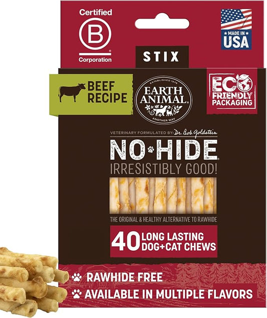Earth Animal No-Hide Stix Beef Recipe Natural Rawhide Alternative Dog & Cat Chews - 40 Count Extra Value Pack