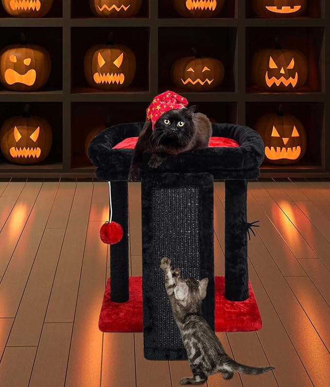 SYANDLVY Small Gothic Cat Tree for Indoor Cats, Scratching Board with Perch, Cat Scratching Post for Adults, Cat Post Scratcher, 2 Dangling Balls Great for Kittens