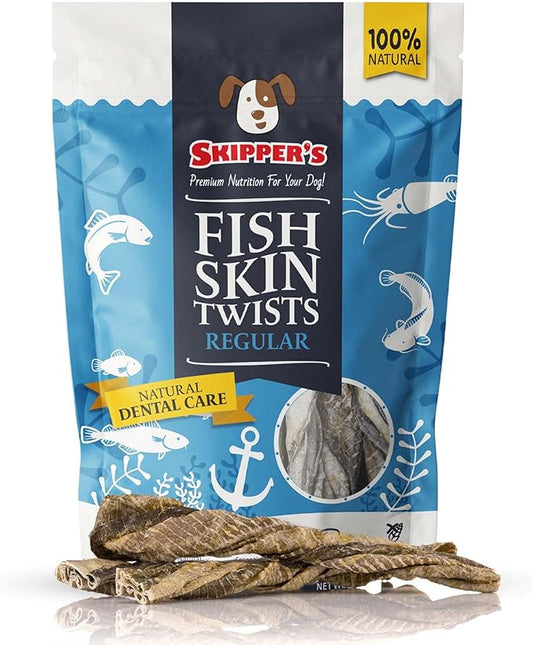 SKIPPER'S Cod Fish Skin Twists Dog Chews - 100% Fish Skin Grain Free Treats for Dogs, High in Protein & Low in Fat, Essential Omega 3 Oils | Great for Teeth (Regular, 8.82 Oz)