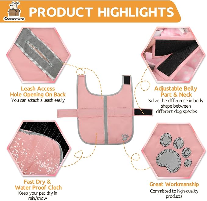 Queenmore Dog Winter Coat, Fleece Puffer Dog Down Vest, Cold Weather Pet Jacket for Dogs, Waterproof Reflective Reversible Dog Sweater Clothes for Small, Medium and Large Dogs (Light Pink, S)