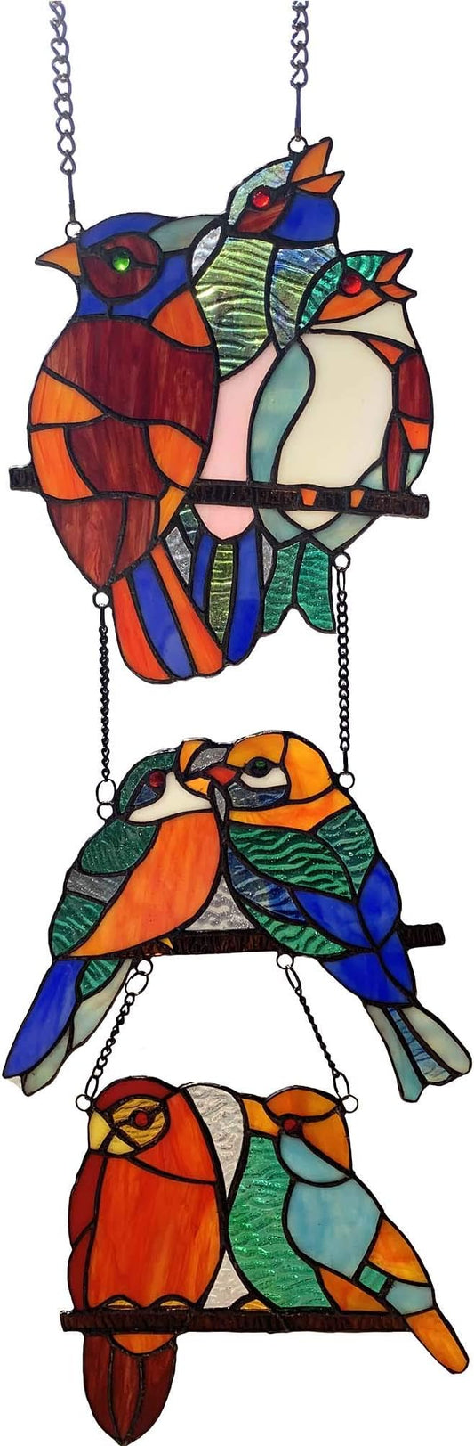 Bieye W10060 Tropical Birds Tiffany Style Stained Glass Window Panel with 3 Pieces Hanging Successively Within Chains, 10" W x 39" H