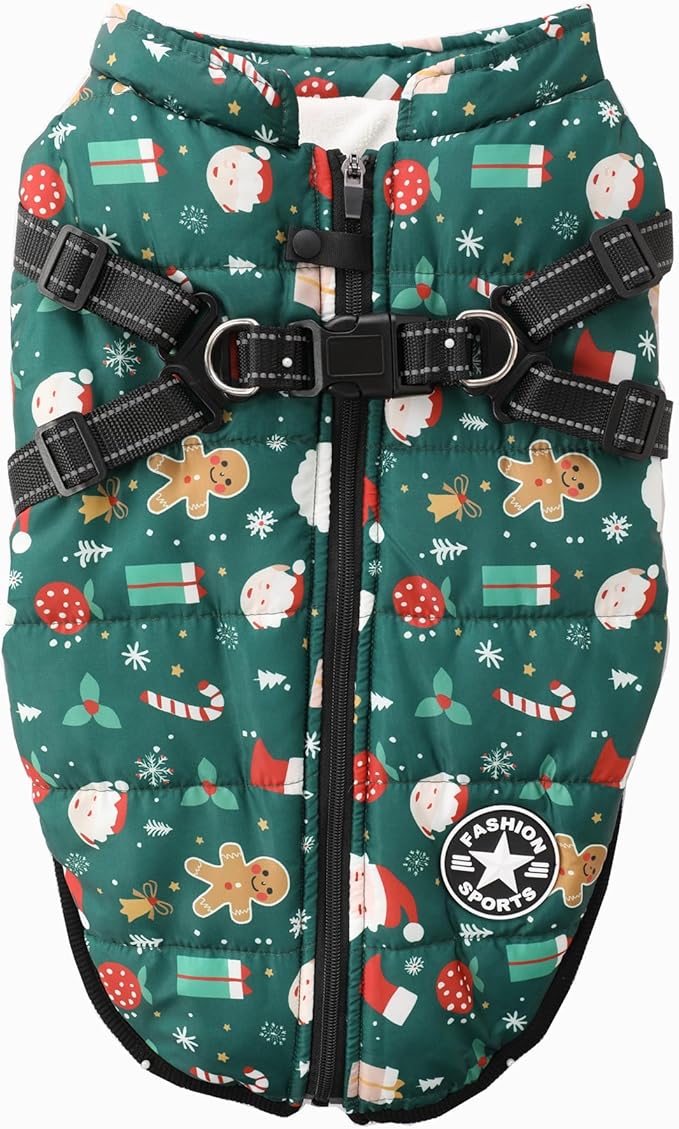 Aiboria Dog Jackets for Winter Windproof Waterproof Vest Fleece Warm Dogs Coat with Belt Christmas Green L