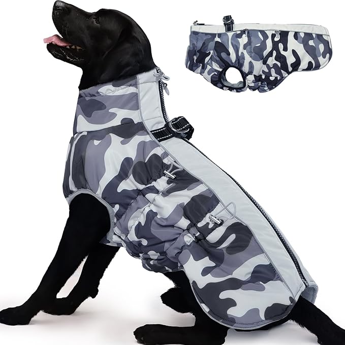Dog Coat Dog Winter Jacke- XX Large, Warm Dog Coat Zip Up Snowsuit Dog Harness Vest Reflective Water-Resistant Dog Coat Dog Snow Jacket for Large Dogs Border Collie, Pit Bull, Grey-Camouflage