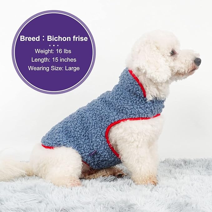 cyeollo Fleece Dog Jacket Sherpa Cozy Winter Dog Sweaters Reversible Pet Clothes Warm Cold Weather Coats for Small Dogs, Blue XL