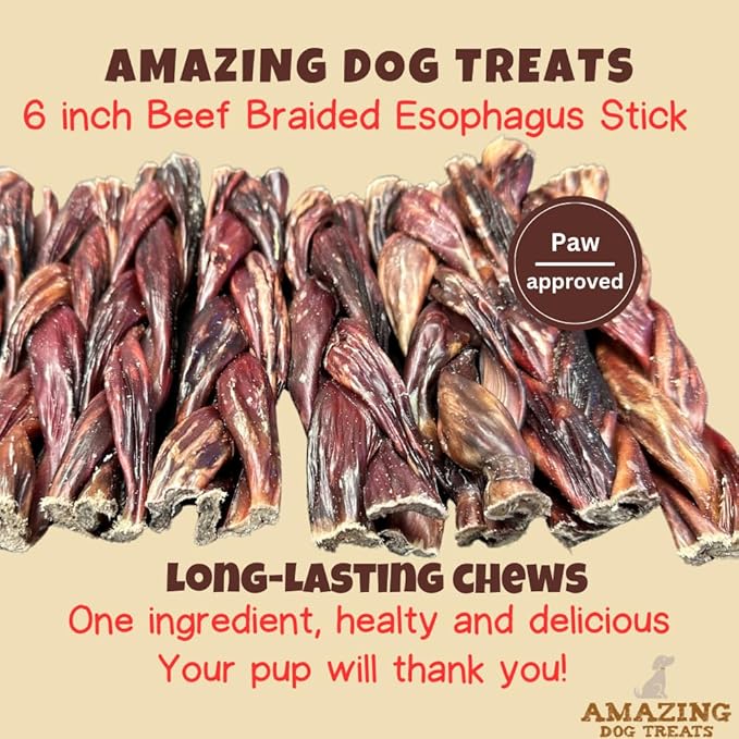 Amazing Dog Treats - 6 Inch Braided Gullet Stick (4 Pc/Pack) - Dog Jerky Treats - Beef Esophagus -Gullet for Dogs - Beef Esophagus Dog Treats