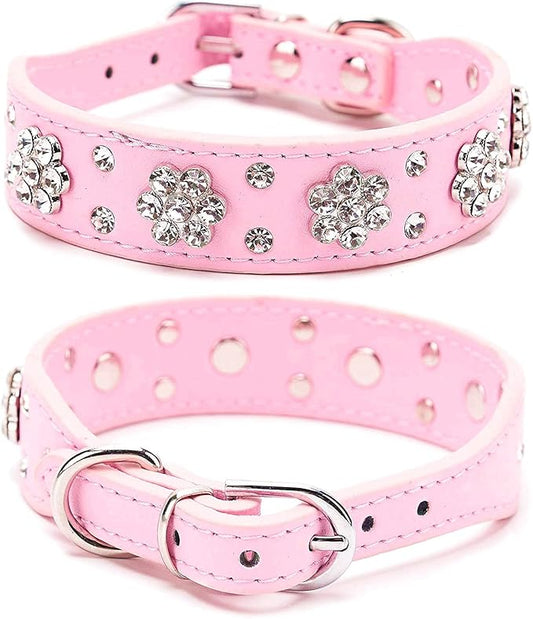 Rhinestone Dog Collar, Cute Flower Rhinestone Bling Collar PU Leather Adjustable Sizes Small Medium Large (XS, Pink)