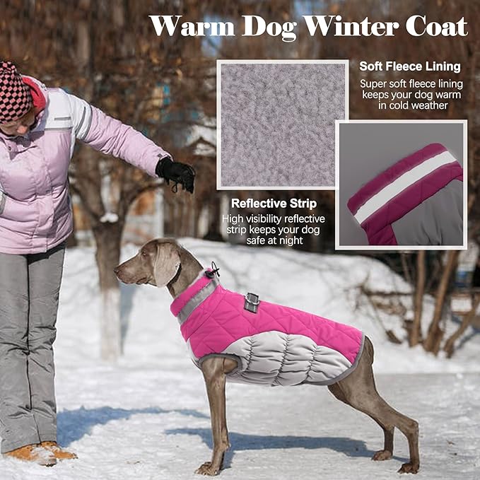 Lelepet Dog Coat Warm Dog Winter Coat Waterproof Dogs Jacket with Harness Built in Reflective Pet Fleece Vest Zip-Up Cold Weather Coats for Large Dogs Turtleneck & Windproof Coats Boxer Rose Red XL