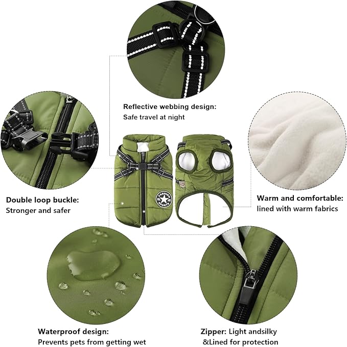 Aiboria Dog Jackets for Winter Windproof Waterproof 2 in 1 Outfit Cold Weather Coat Dog Vest Harness Puppy Winter Warm Jacket Green M
