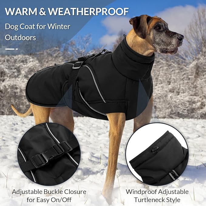 Queenmore Winter Dog Coat Warm Dog Jacket Vest Waterproof Puffer Fleece Snowsuit Adjustable Buckle Leash Hole Reflective Cold Weather Parka for Small Medium Large Dogs Girl Boy Black XXXL