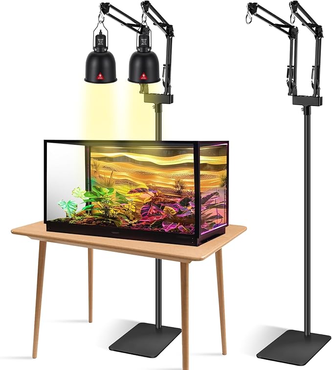 Dual Reptile Lamp Stand Reptile Light Stand with Two Flexible Brackets, Height Adjustable (15.7 inch to 74.3 inch) for Hanging Heat Lamp Holder and Light Fixture