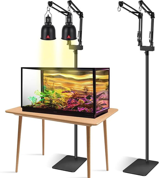 Dual Reptile Lamp Stand Reptile Light Stand with Two Flexible Brackets, Height Adjustable (15.7 inch to 74.3 inch) for Hanging Heat Lamp Holder and Light Fixture