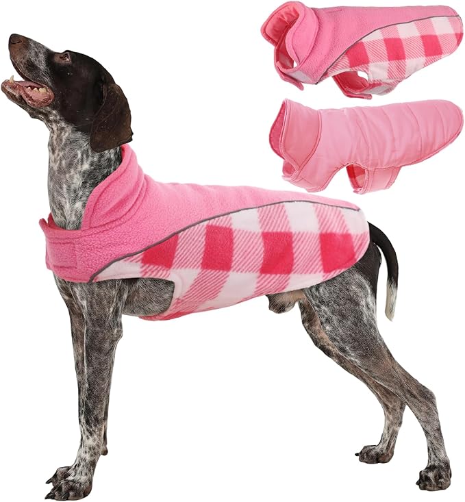 Kuoser Dog Winter Coat, Reversible Waterproof Dog Jacket with Reflective Strip, Warm Dogs Fleece Vest Adjustable Doggy Cold Weather Clothes Plaid Christmas Outfit Pet Apparel for Large Dogs, Pink L