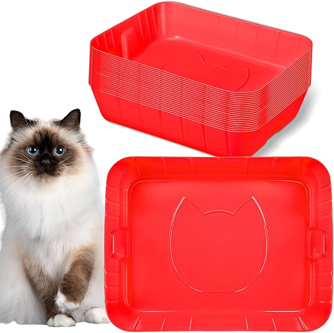 Bokon 25 Pcs Disposable Litter Boxes for Cats Plastic Cat Litter Tray Large Kitten Pan for Kitty Rabbit Guinea Pig Hamster Pets Supplies Travel Home Toilet, 15.7 x 11.8 x 3 Inches(Red)