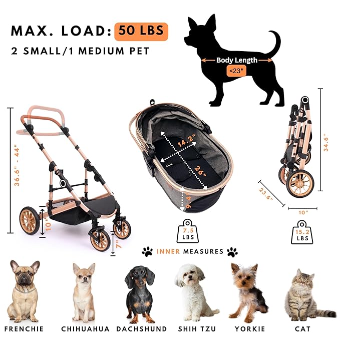 Pet Stroller with 4 Wheels, Foldable Pet Travel Carrier for Small/Medium Dogs Cats up to 50lbs, Detachble Portable Pet Bag, Storage Basket, Car Seat 3 in 1 Multifunctional (Tan)