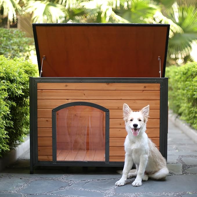 Outdoor Dog House with Door Weatherproof Dog Kennel Chew-Proof Metal Frame Openable Roof for Easy Cleaning