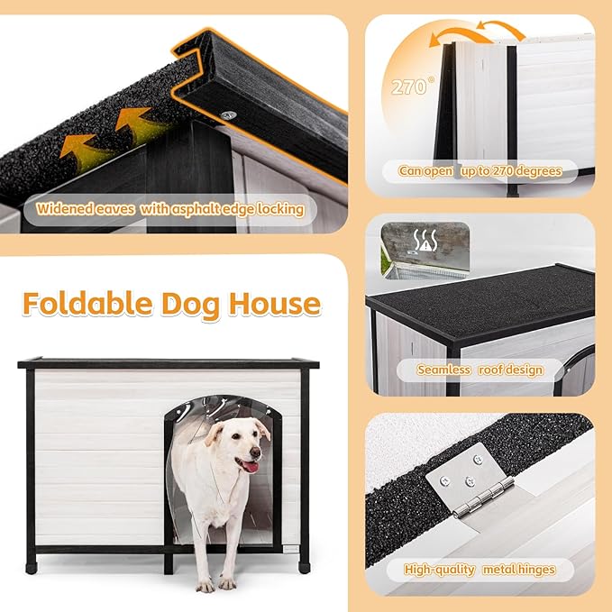Petsfit 45.3" Large Dog House, Folding Dog House Outdoor, Unfold to Use, No Tools Required Assembly, Weatherproof Outside Dog House with Door Flap (Large, White)