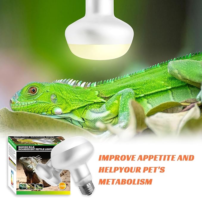Reptile Heat Lamp Bulbs, 2-Packs 50W 3000H Heat Bulb with E26 Socket, UVA Basking Light for Bearded Dragons/Lizards/Turtles/Geckos/Snakes/Chameleons with Natural Sunlight Simulation