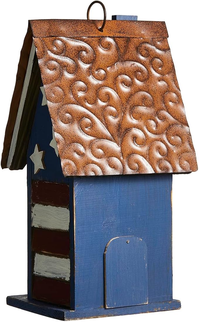 Glitzhome 12.25" H Patriotic Solid Wood Hanging Birdhouse for Outside, Decorative Pet Cottage Villa Distressed Wooden Bird House with 3D Star for Garden Patio Backyard