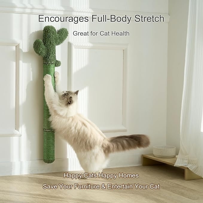 Wall Mounted Cat Scratcher – 35" Extra Tall Vertical Sisal Scratching Post with Cactus Design & Hanging Ball Toy, Space-Saving Cat Wall Climber for Indoor Cats, Green