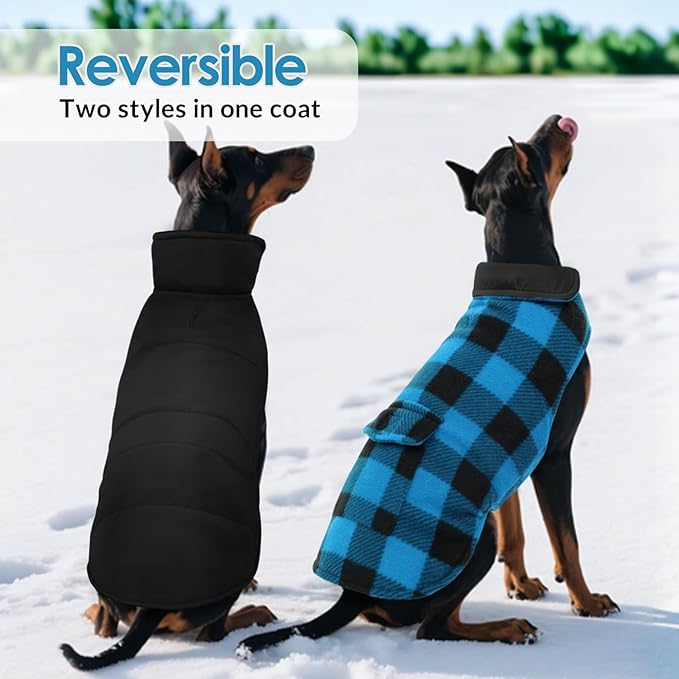 ASENKU Dog Winter Coat, Fleece Doggie Jacket Plaid Reversible Vest Waterproof Windproof Cold Weather Clothes for Small Medium Large Dogs (L, Blue)