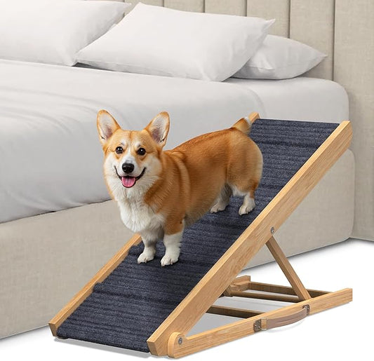 Adjustable Dog Ramp for Bed - Foldable Wooden Ramp for Dogs to Get on Bed, Couch, or Car - Ideal for Small, Medium, and Large Breeds (Natural Wood with Grey Carpet)