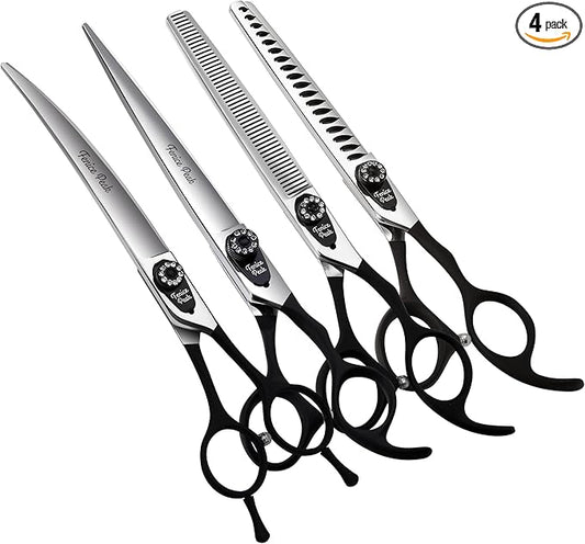 Fenice Peak 7.0'' Professional Dog Grooming Scissors Set with Black Non-Slip Handle 440C Stainless Steel Straight Thinning Curved Chunker Shears 4pcs Set for Pet Grooming Services