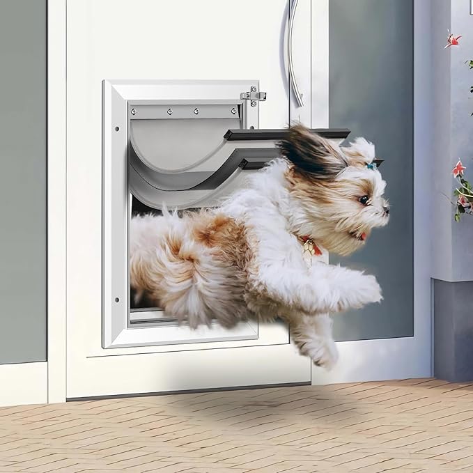[Petoasis] Heavy Duty Aluminum Dog Door with Lock,3 Flap Insulated Doggie Doors with Installation Manual,Durable and Rust Resistant, Patent: USD1057087S, (Silvery White, Meduim for Door)