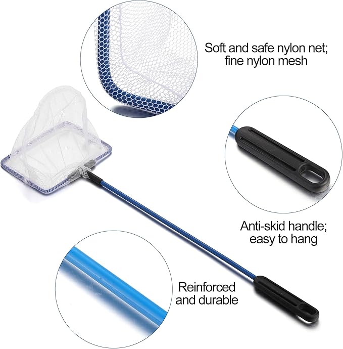 Mogoko Fish Net Aquarium, Small Fish Tank Net with Long Plastic Handle, Square net with Fine Mesh for Tank Cleaning