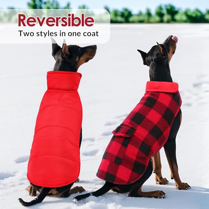 ASENKU Dog Winter Coat, Fleece Doggie Jacket Plaid Reversible Vest Waterproof Windproof Cold Weather Clothes for Small Medium Large Dogs(Red 2XL)