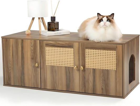 Wooden Cat Litter Box Enclosure with Storage Compartment with Adjustable Divider, Hidden Litter Box Furniture and Hall Table, Cat Box Enclosure, 42.5''L*18.5W*16.9H (Pine, Rattan)