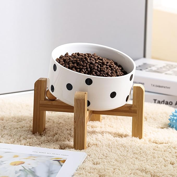 Petygooing Elevated/Raised 15°Slanted Ceramic Dog Bowl for Small and Medium Breeds, Tilted Anti Slip Pet Feeding Bowl,Food Water Dish with Stand for Cats and Dogs (28 OZ/3.6 Cups) Black Dot