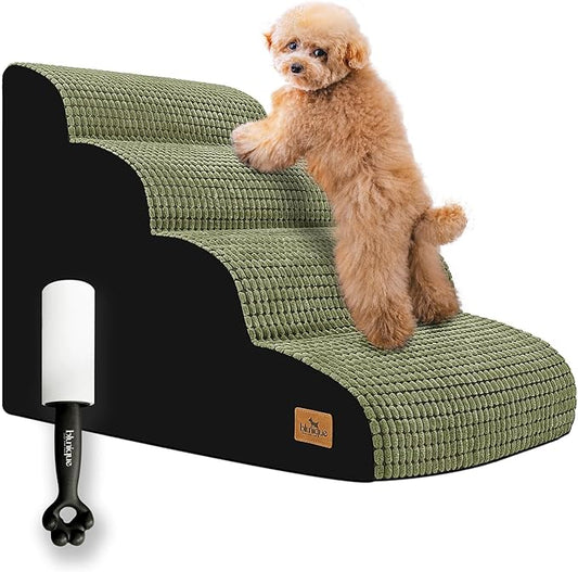 Dog Stairs for Small Dogs, 20.5 in H 4 Step Curved Dog Ramp for High Bed and Couch, Foam Dog Ramp with Durable Non-Slip Waterproof Fabric Cover, Pet Stairs for Pets Joints, Green