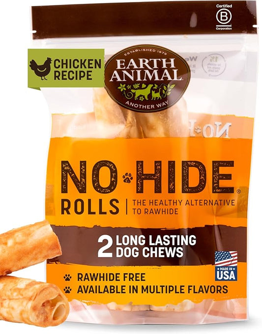 Earth Animal No Hide Medium Chicken Flavored Natural Rawhide Free Dog Chews Long Lasting Chew Sticks | Treats for Large Dogs | Great for Aggressive Chewers - 2 Count