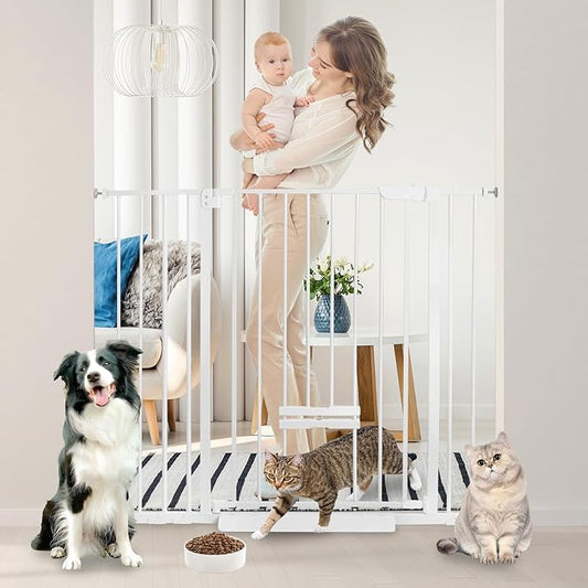 30 Inch Tall Baby Gate with Small Cat Door, Adjustable Auto Close Dog Gate Easy Walk Thru Pet Door for Stairs, Doorway, House (White, 29.52"-43.71")
