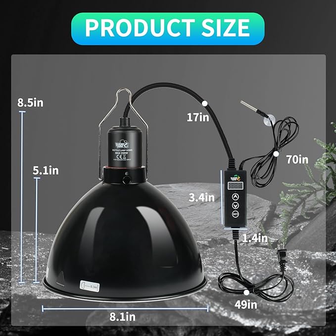 LUCKY HERP Reptile Light Fixture 250W (No Temperature Control Function), Aluminum 8.1inch Dome Reptile Lamp Fixture, Reptile Heat Lamp Fixture for UVB Bulb Basking Heat Bulb