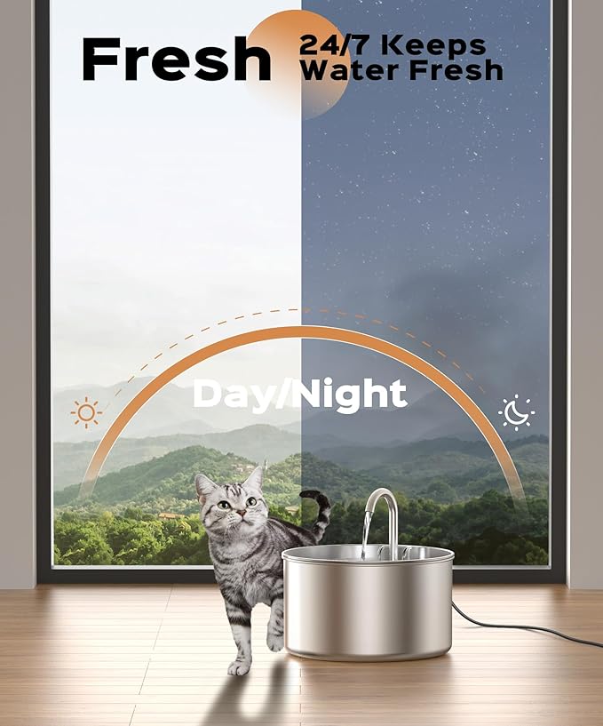 Cat Water Fountain Stainless Steel + 6 Filters + 3 Sponges - Pet Water Fountain 24/7 Keep The Water Fresh 74oz Capacity Ultra-Quiet No Sputter Compact Easy to Clean