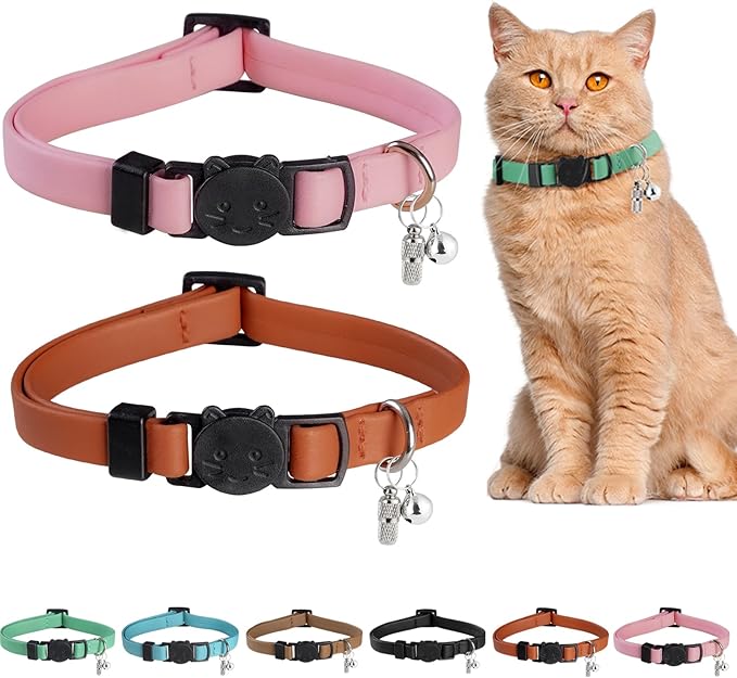 Upgrade Breakaway Cat Collar with Bells, Soft Leather Kitten Collars with Name Tag,Safety Adjustable Buckle,Lightweight,Ideal for Girl Boy Cats,Pink+Orange