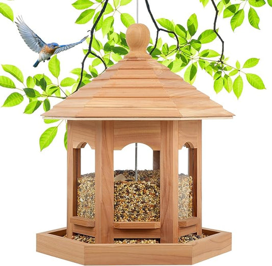 Wooden Bird Feeder for Outdoors Hanging, Red Cedar Hexagon Shaped Large Capacity, Cardinal Birdfeeder for Garden Decoration Yard, Weatherproof and Durable(Medium)