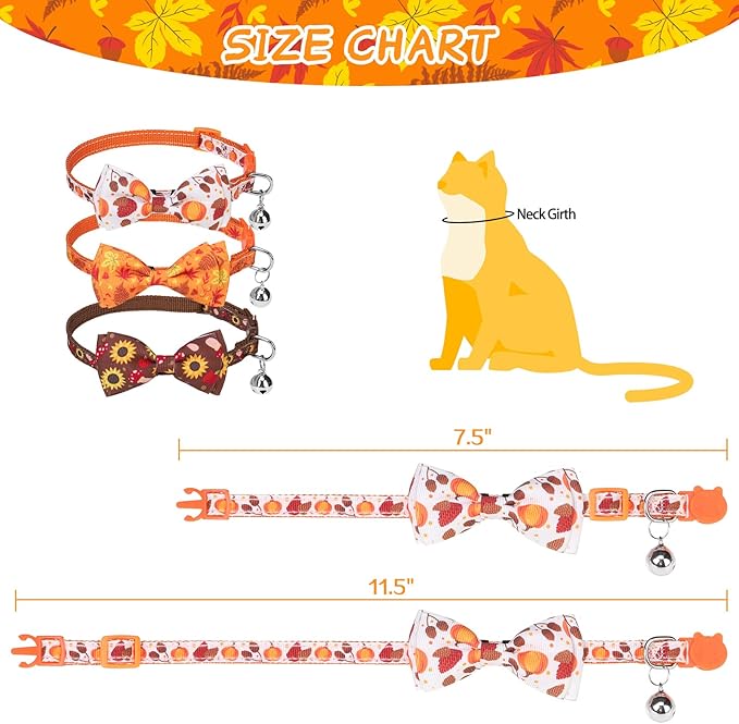 SCENEREAL Fall Cat Collar Breakaway, 3 Pack Kitten Collars with Bell, Bowtie and Safety Buckle - Adjustable Cute Holiday Thanksgiviing Cat Collars with Turkey and Pumpkin Pattern for Girl Boy