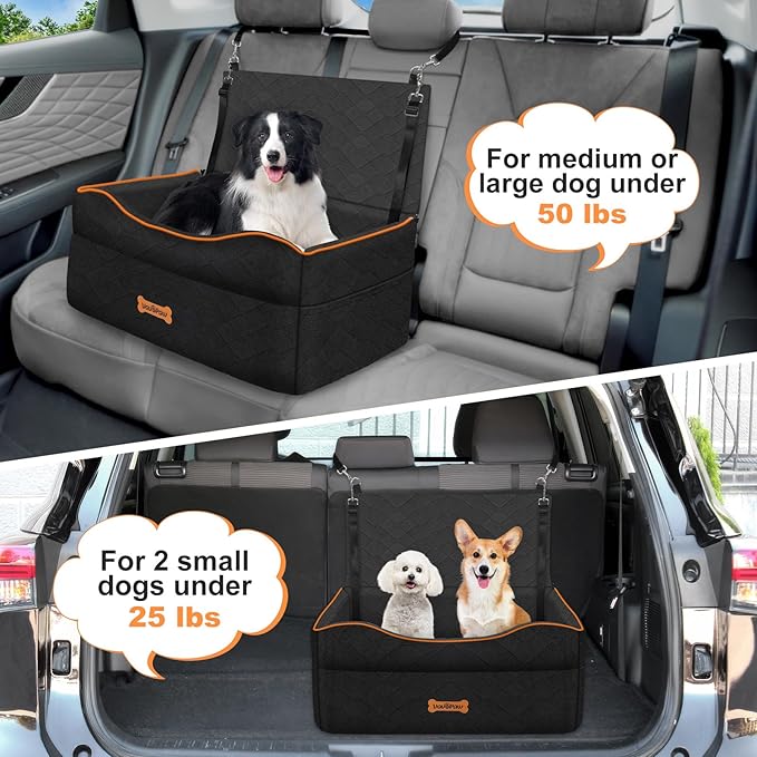 Medium Dog Car Seat, Dog Booster Seat Under 50Lbs or 2 Small Dogs Washable, Pet Car Seats with 2 Safety Leash, Dogs Sofa Bed Cushion Add Thick Sponge, Pet Cars Carrier for Travel, Black